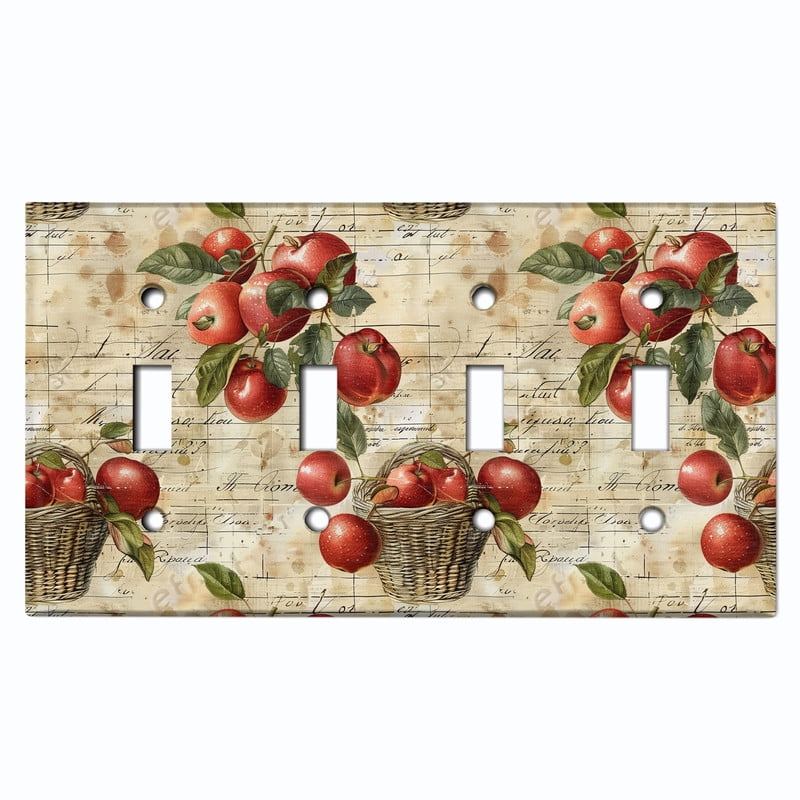 Metal Light Switch Wall Plate Outlet Cover (Notebook and Apples Scrap Art - Quad Toggle)