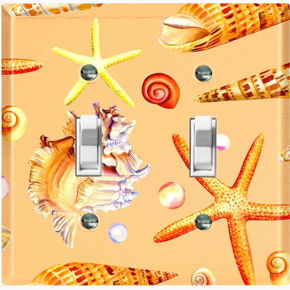 Metal Light Switch Wall Plate Outlet Cover (Ocean Conch Star Fish Sea Shell Orange - Double Toggle)