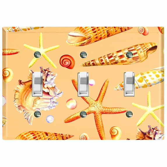 Metal Light Switch Wall Plate Outlet Cover (Ocean Conch Star Fish Sea Shell Orange - Triple Toggle)