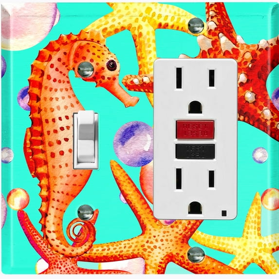 Metal Light Switch Wall Plate Outlet Cover (Ocean Sea Horse Star Fish Shell Teal - Single Toggle Single Rocker)