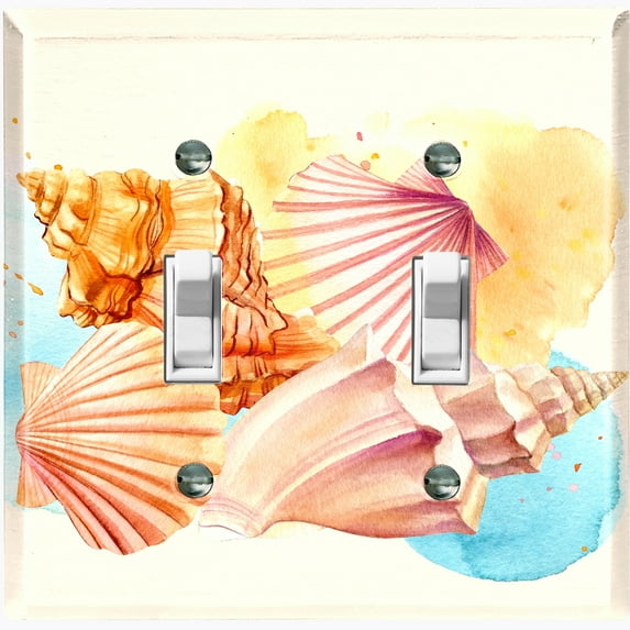 Metal Light Switch Wall Plate Outlet Cover (Ocean Sea Shell Conch Clam Beach Sand - Double Toggle)