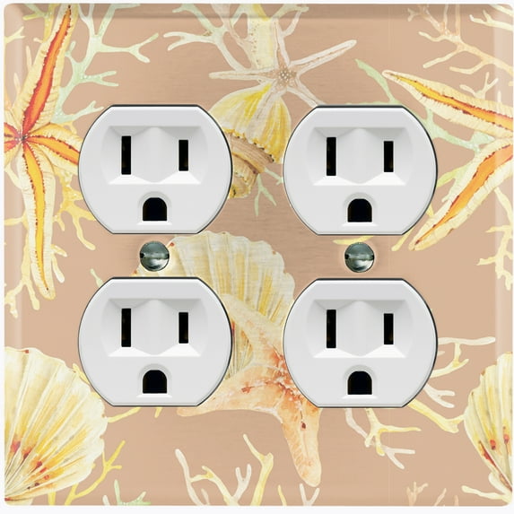 Metal Light Switch Wall Plate Outlet Cover (Ocean Sea Star Fish Shell Coral Clam Beige - Double Duplex)