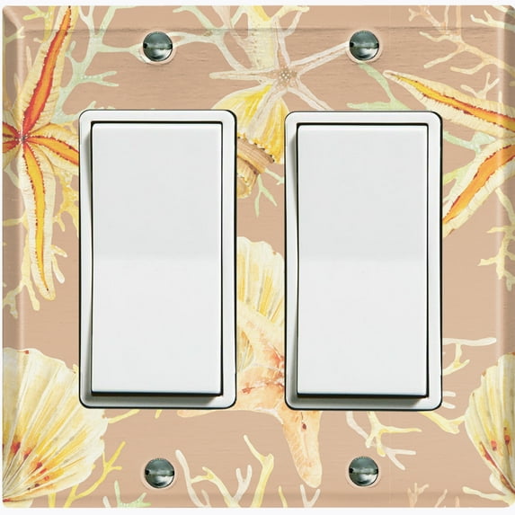 Metal Light Switch Wall Plate Outlet Cover (Ocean Sea Star Fish Shell Coral Clam Beige - Double Rocker)