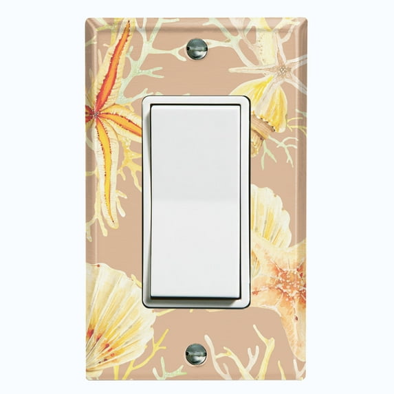 Metal Light Switch Wall Plate Outlet Cover (Ocean Sea Star Fish Shell Coral Clam Beige - Single Rocker)