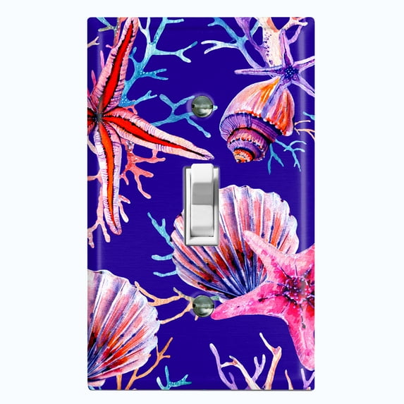Metal Light Switch Wall Plate Outlet Cover (Ocean Sea Star Fish Shell Coral Clam Deep Blue - Single Toggle)