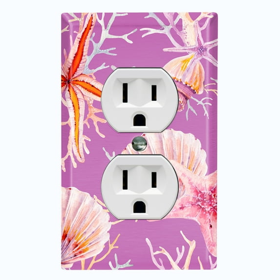Metal Light Switch Wall Plate Outlet Cover (Ocean Sea Star Fish Shell Coral Clam Hot Pink - Single Duplex)