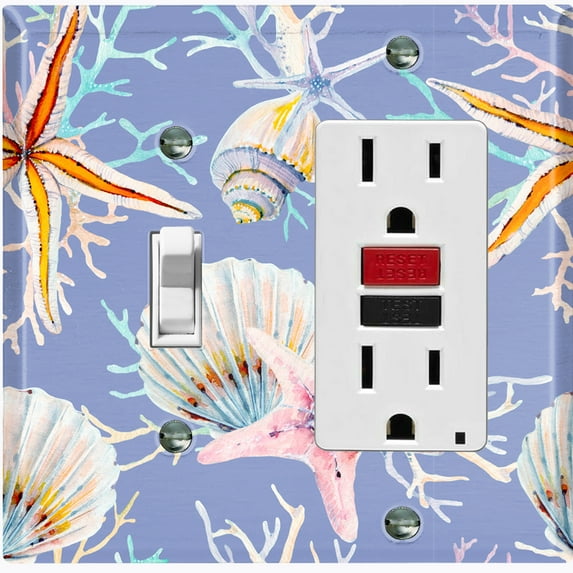 Metal Light Switch Wall Plate Outlet Cover (Ocean Sea Star Fish Shell Coral Clam Lavender Blue - Single Toggle Single Rocker)