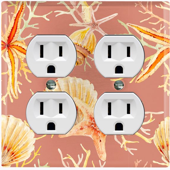 Metal Light Switch Wall Plate Outlet Cover (Ocean Sea Star Fish Shell Coral Clam Peach - Double Duplex)