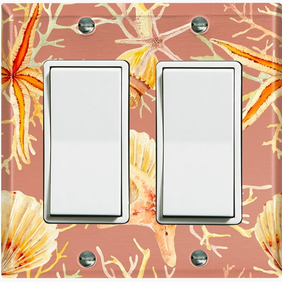 Metal Light Switch Wall Plate Outlet Cover (Ocean Sea Star Fish Shell Coral Clam Peach - Double Rocker)