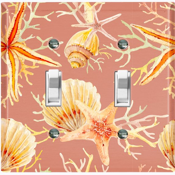 Metal Light Switch Wall Plate Outlet Cover (Ocean Sea Star Fish Shell Coral Clam Peach - Double Toggle)