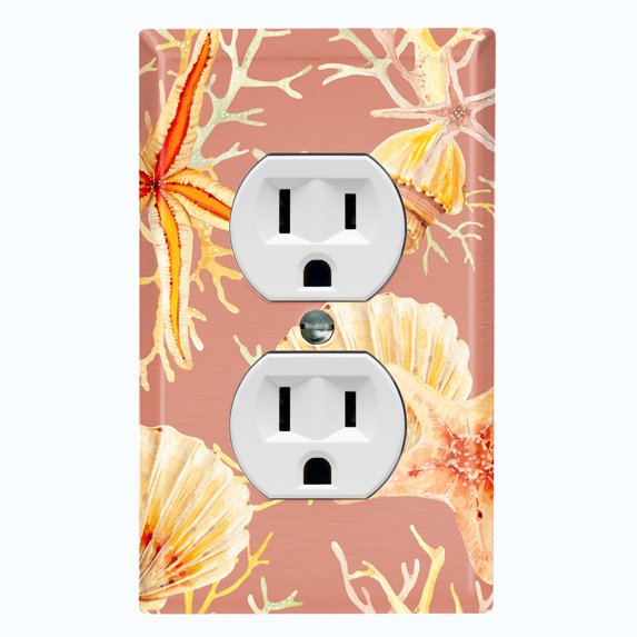 Metal Light Switch Wall Plate Outlet Cover (Ocean Sea Star Fish Shell Coral Clam Peach - Single Duplex)