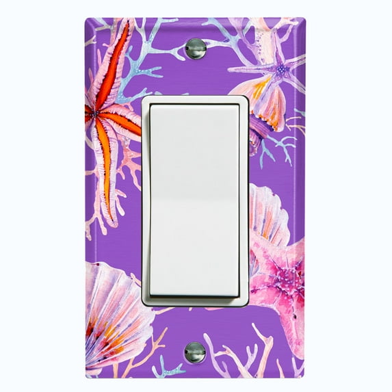 Metal Light Switch Wall Plate Outlet Cover (Ocean Sea Star Fish Shell Coral Clam Purple - Single Rocker)