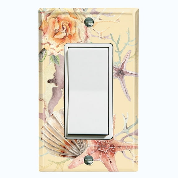 Metal Light Switch Wall Plate Outlet Cover (Ocean Sea Star Fish Shell Coral Clam Tan - Single Rocker)