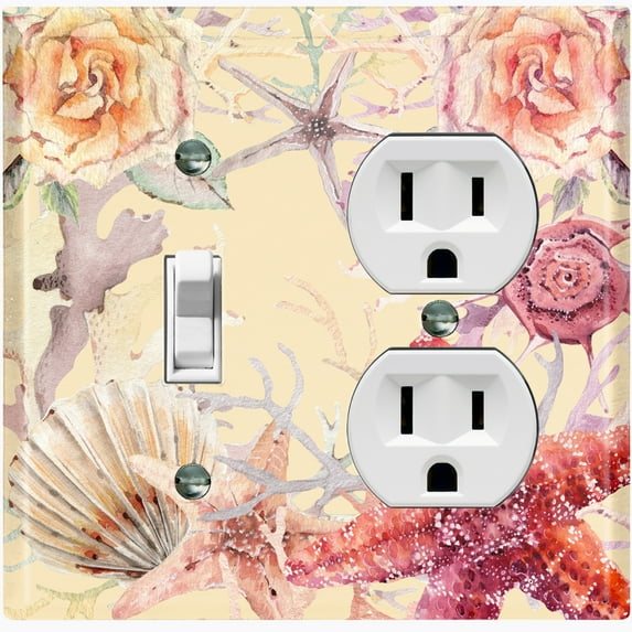 Metal Light Switch Wall Plate Outlet Cover (Ocean Sea Star Fish Shell Coral Clam Tan - Single Toggle Single Duplex)