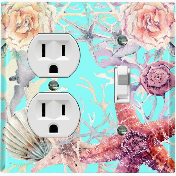 Metal Light Switch Wall Plate Outlet Cover (Ocean Sea Star Fish Shell Coral Clam Teal - Single Duplex Single Toggle)