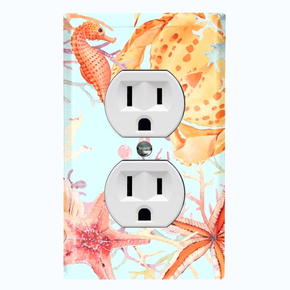 Metal Light Switch Wall Plate Outlet Cover (Ocean Star Fish Sea Shell Coral Reef Clam Blue - Single Duplex)