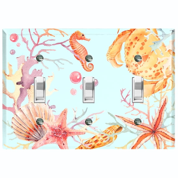 Metal Light Switch Wall Plate Outlet Cover (Ocean Star Fish Sea Shell Coral Reef Clam Blue - Triple Toggle)