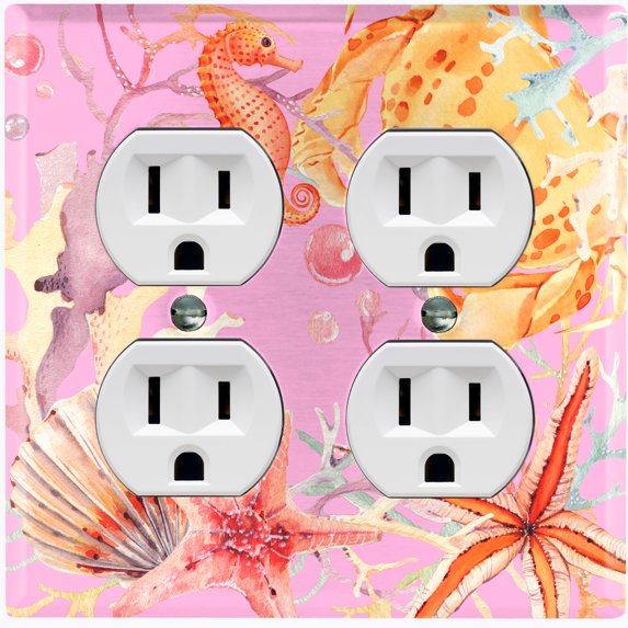 Metal Light Switch Wall Plate Outlet Cover (Ocean Star Fish Sea Shell Coral Reef Clam Pink - Double Duplex)