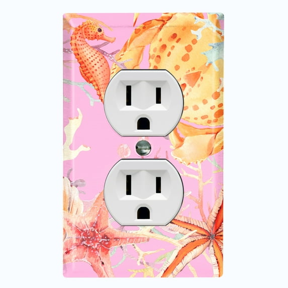 Metal Light Switch Wall Plate Outlet Cover (Ocean Star Fish Sea Shell Coral Reef Clam Pink - Single Duplex)