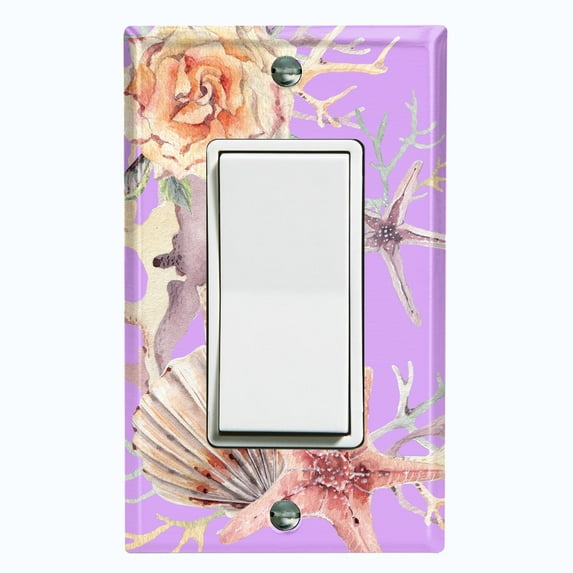 Metal Light Switch Wall Plate Outlet Cover (Ocean Star Fish Sea Shell Coral Reef Clam Purple - Single Rocker)