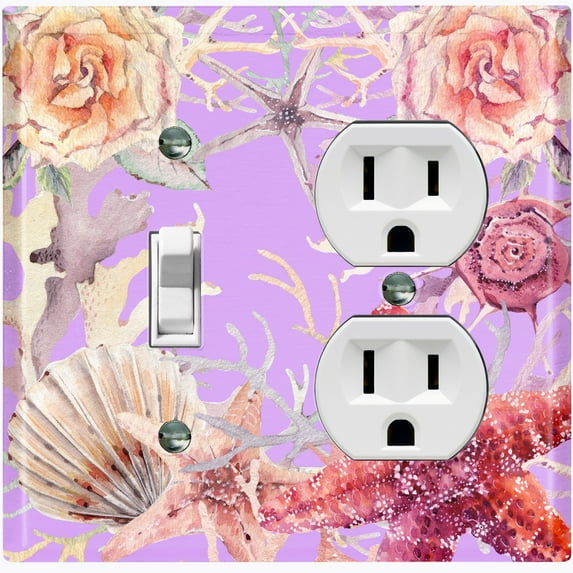 Metal Light Switch Wall Plate Outlet Cover (Ocean Star Fish Sea Shell Coral Reef Clam Purple - Single Toggle Single Duplex)