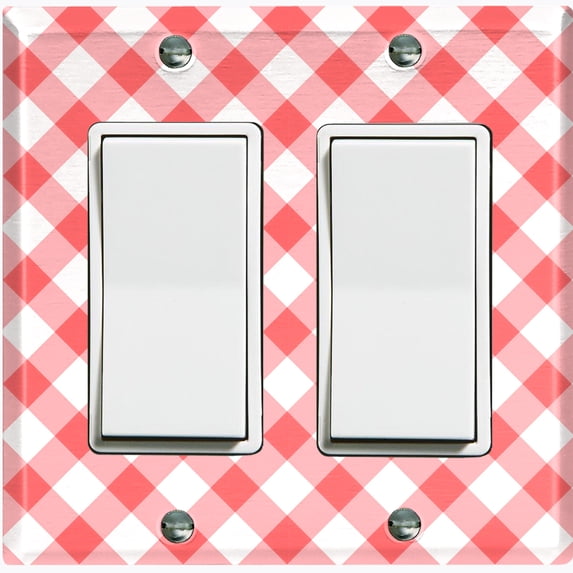 Metal Light Switch Wall Plate Outlet Cover (Pastel Red Gingham Picnic Wallpaper - Double Rocker)