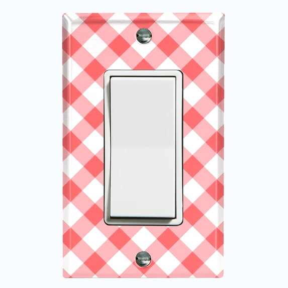 Metal Light Switch Wall Plate Outlet Cover (Pastel Red Gingham Picnic Wallpaper - Single Rocker)