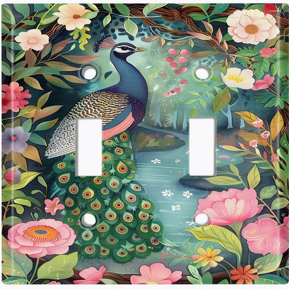 Metal Light Switch Wall Plate Outlet Cover (Peacock in a Fairy Tale Forest - Double Toggle)