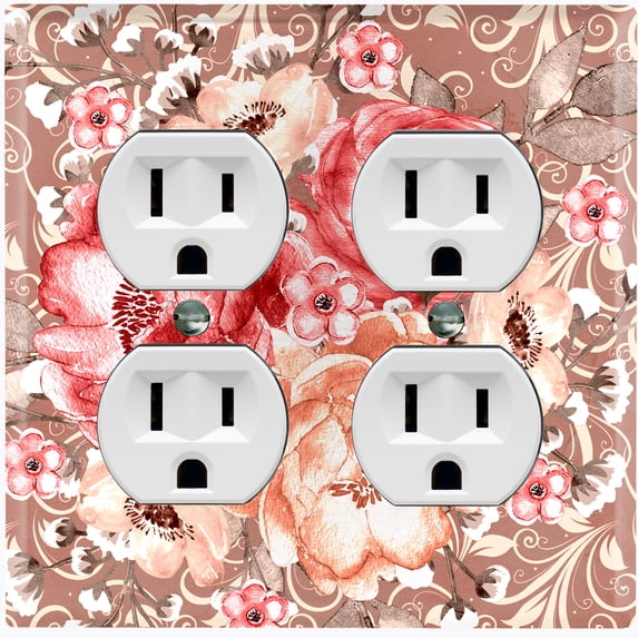 Metal Light Switch Wall Plate Outlet Cover (Pink Red Rose Bouquet Flower Light Brown - Double Duplex)