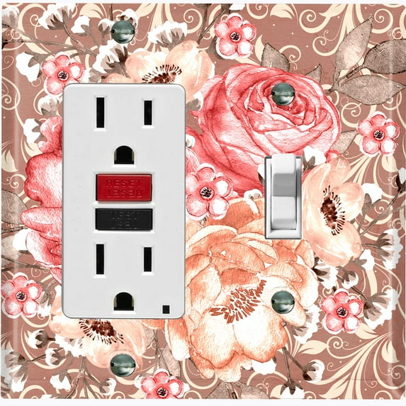 Metal Light Switch Wall Plate Outlet Cover (Pink Red Rose Bouquet Flower Light Brown - Single Rocker Single Toggle)