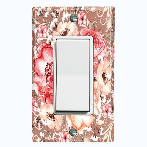 Metal Light Switch Wall Plate Outlet Cover (Pink Red Rose Bouquet Flower Light Brown - Single Rocker)