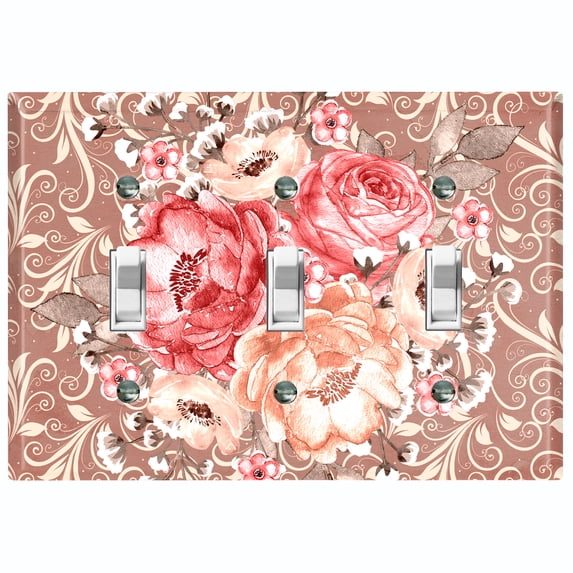 Metal Light Switch Wall Plate Outlet Cover (Pink Red Rose Bouquet Flower Light Brown - Triple Toggle)