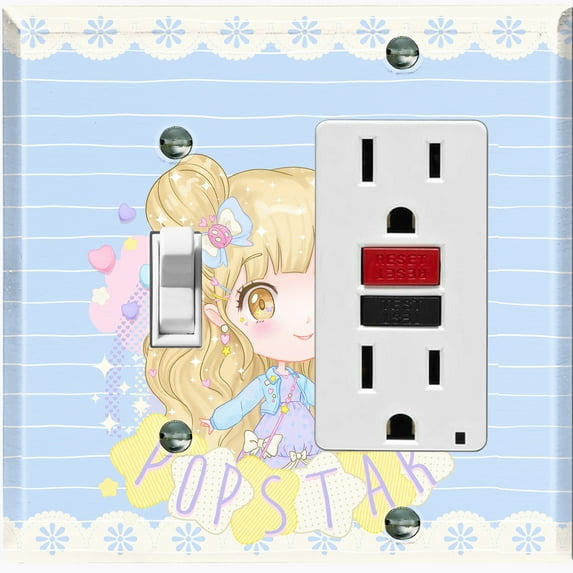 Metal Light Switch Wall Plate Outlet Cover (Pop Star Blue Anime Stripe Flower Border Pattern - Single Toggle Single Rocker)