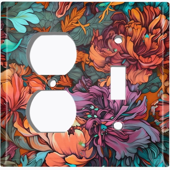 Metal Light Switch Wall Plate Outlet Cover (Printed Image of Abstract Peonies and Foliage - 2 Gang Duplex/Toggle)
