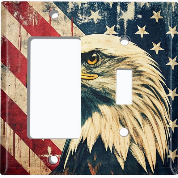 Metal Light Switch Wall Plate Outlet Cover (Printed Image of American Flag Bald Eagle - 2 Gang GFI Rocker/Toggle)