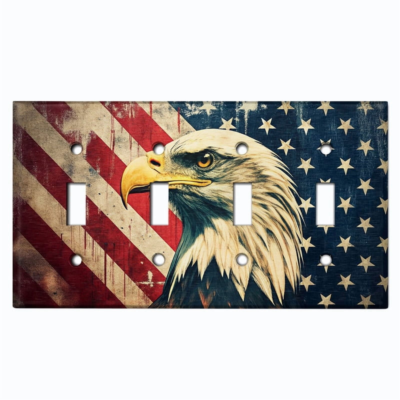 Metal Light Switch Wall Plate Outlet Cover (Printed Image of American Flag Bald Eagle - Quad Toggle)