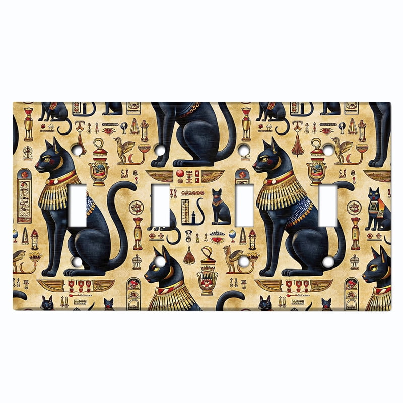 Metal Light Switch Wall Plate Outlet Cover (Printed Image of Ancient Egyptian Cat Goddess Hieroglyphs - Quad Toggle)