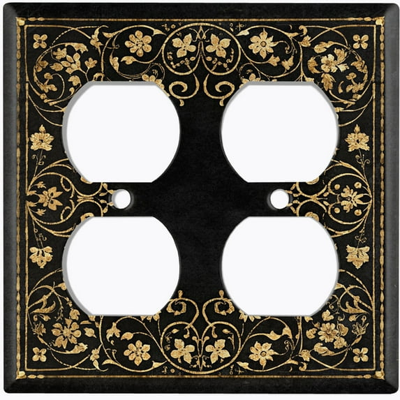 Metal Light Switch Wall Plate Outlet Cover (Printed Image of Gold Intricate Floral Frame - Double Duplex)