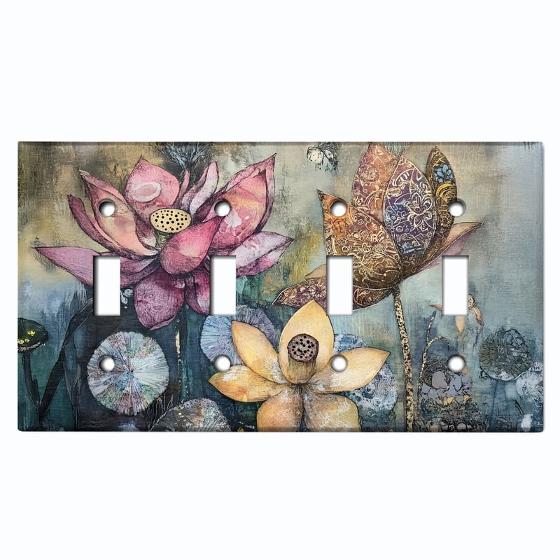 Metal Light Switch Wall Plate Outlet Cover (Printed Image of Astract Lotus Flowers - Quad Toggle)
