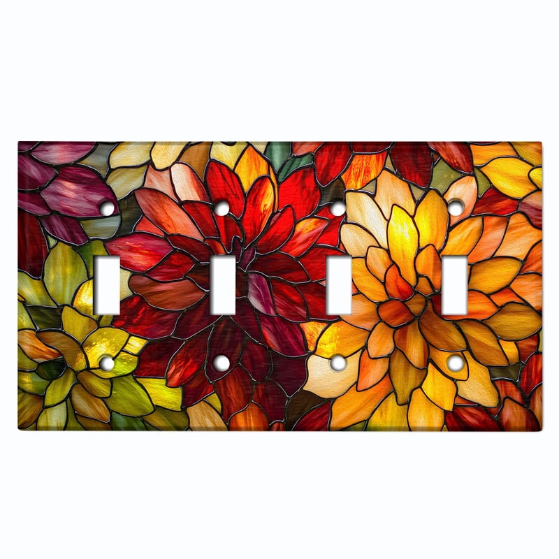 Metal Light Switch Wall Plate Outlet Cover (Printed Image of Autumn Stained Glass Flowers - Quad Toggle)