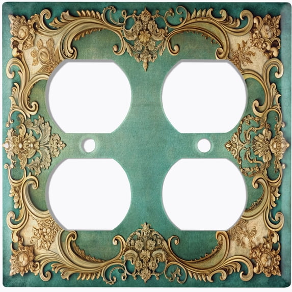 Metal Light Switch Wall Plate Outlet Cover (Printed Image of Baroque Floral Border - Double Duplex)