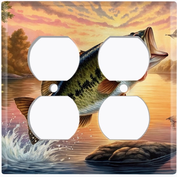 Metal Light Switch Wall Plate Outlet Cover (Printed Image of Bass Fish Jumping Out of Water - Double Duplex)