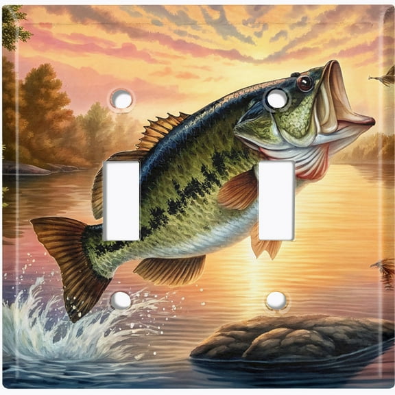 Metal Light Switch Wall Plate Outlet Cover (Printed Image of Bass Fish Jumping Out of Water - Double Toggle)