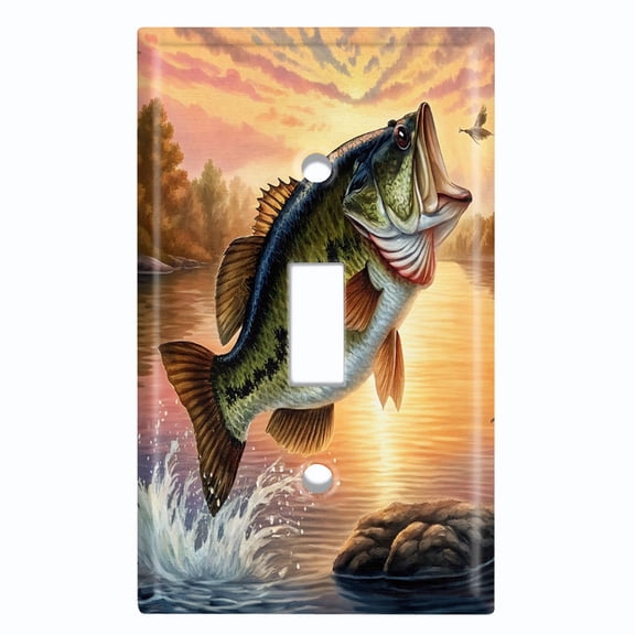 Metal Light Switch Wall Plate Outlet Cover (Printed Image of Bass Fish Jumping Out of Water - Single Toggle)