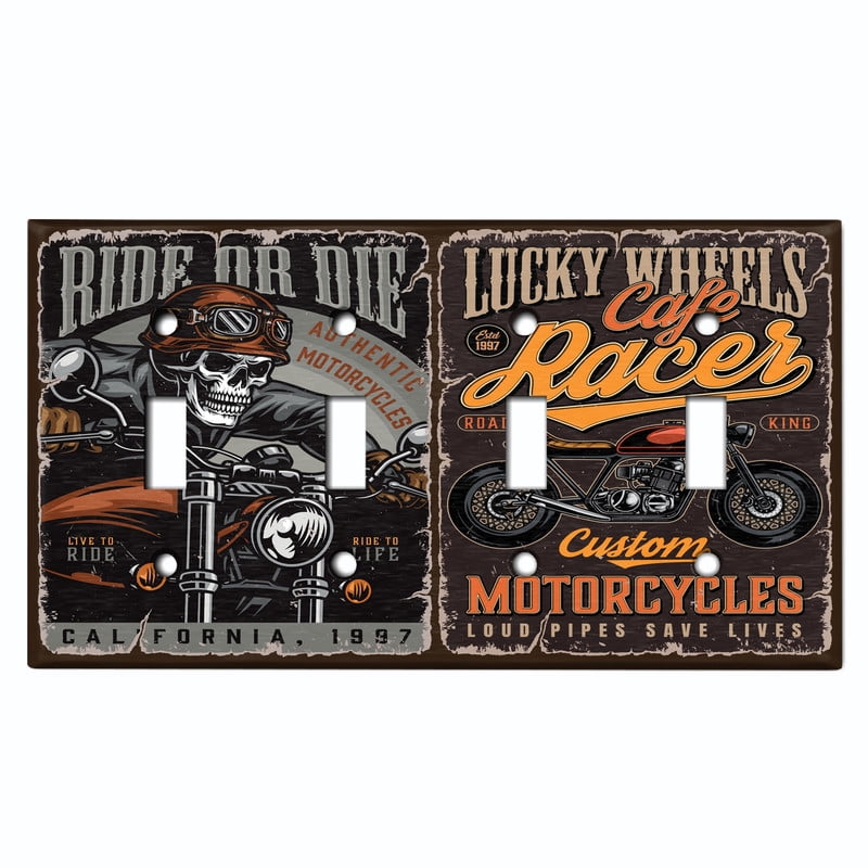 Metal Light Switch Wall Plate Outlet Cover (Printed Image of Biker Posters - Quad Toggle)