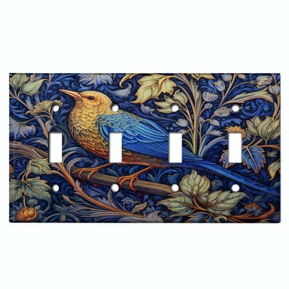 Metal Light Switch Wall Plate Outlet Cover (Printed Image of Bird on Branch with Foliage - Quad Toggle)