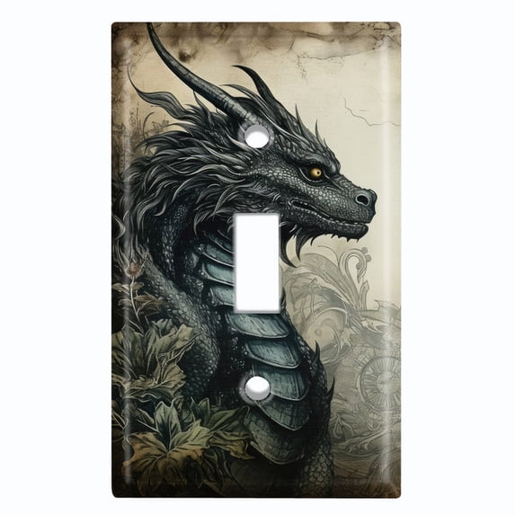 Metal Light Switch Wall Plate Outlet Cover (Printed Image of Black Dragon - Single Toggle)