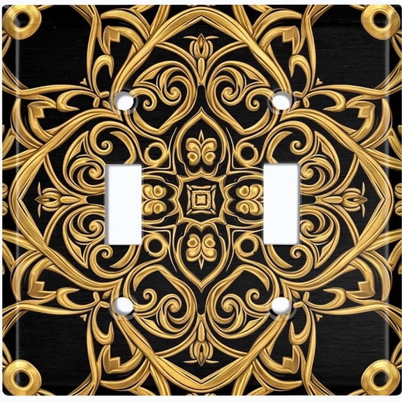 Metal Light Switch Wall Plate Outlet Cover (Printed Image of Black and Gold Damask Pattern - Double Toggle)