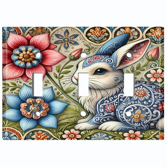 Metal Light Switch Wall Plate Outlet Cover (Printed Image of Bunny with Flowers - Triple Toggle)