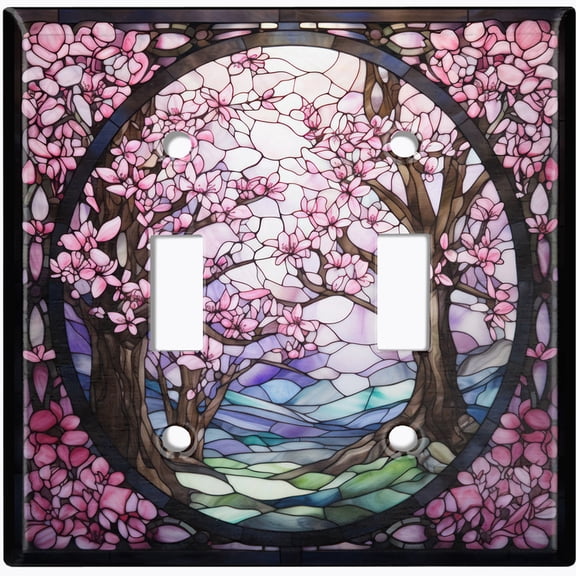 Metal Light Switch Wall Plate Outlet Cover (Printed Image of Cherry Blossom Stained Glass - Double Toggle)